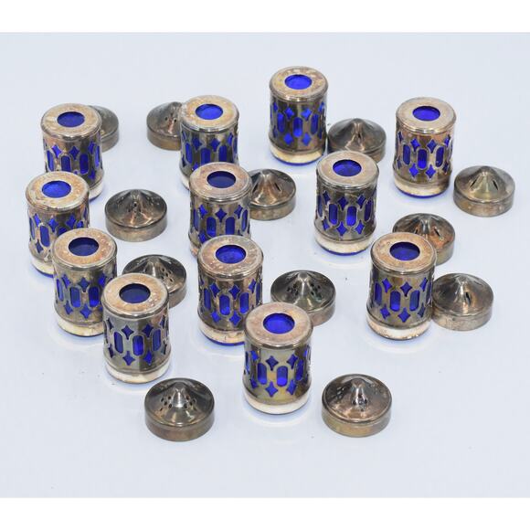 Filigree Sterling Silver Plate Cobalt Blue Glass Mini Salt Pepper Shakers 12pc - Picture 4 of 6